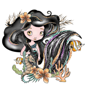 Cookie Policy cartoon mermaid with black hair and tail and gold eyes. Surrounded by fish, coral, and sea flowers