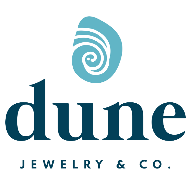 Dune Jewelry & Co logo in stacked format with blue spiral shell on top of company name in navy lettering