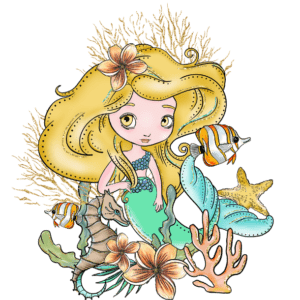Terms & Conditions Blonde Cartoon Mermaid Graphic. Mermaid has golden hair and eyes and green tail. Is with seahorse, fish, and coral