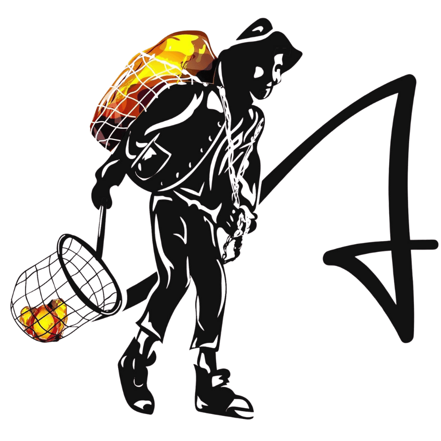 Amberman logo of black colored amber miner with gold amber in sack on his back holding basket with gold amber in it walking next to stylized A