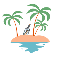 Contact Message in a Bottle Contact page cartoon graphic of a message in a bottle on a small island with 3 palm trees.
