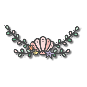 Privacy Policy Shell Graphic Privacy policy page cartoon graphic of pink shell with green sea grass